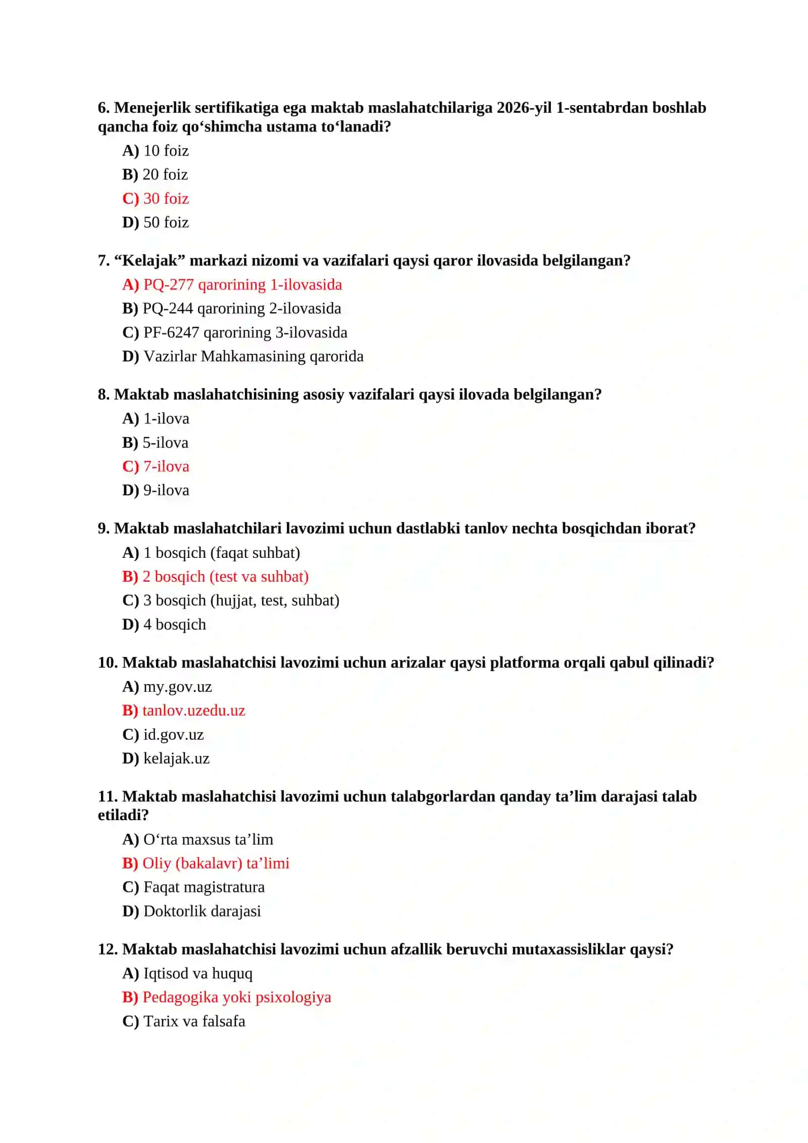 MAKTAB MASLAHATCHISI LAVOZIMI UCHUN TEST SAVOLLARI TO‘PLAMI 2