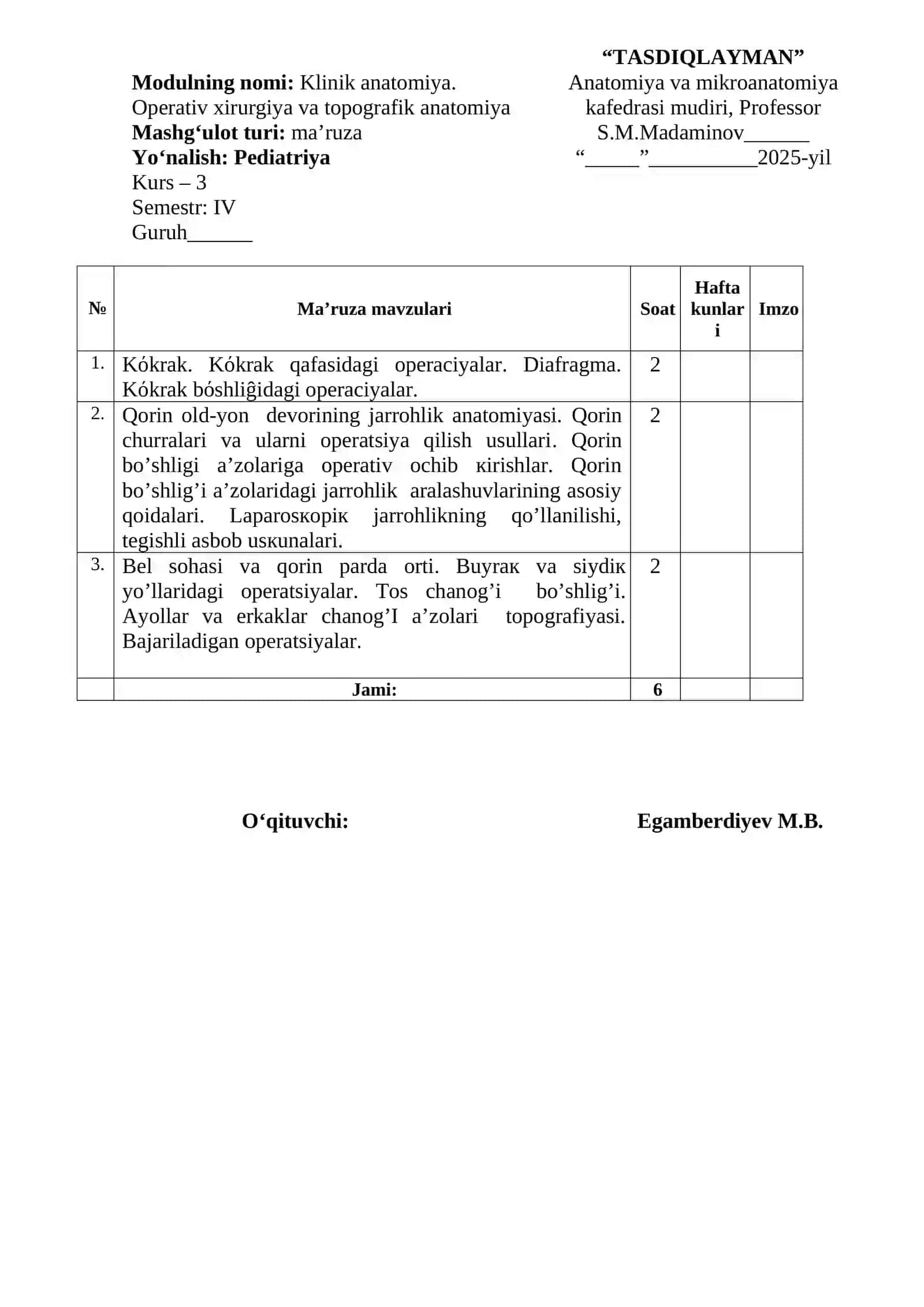 Klinik anatomiya kalendar tematik reja 2