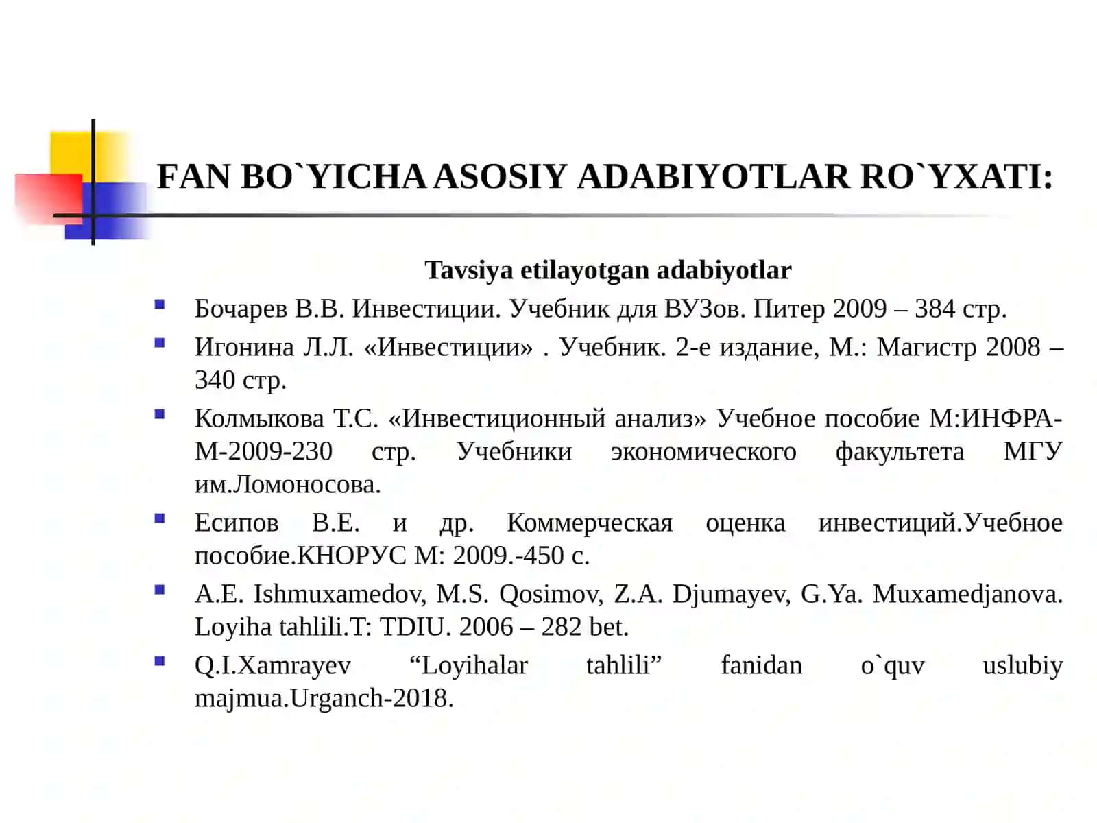 FAN: LOYIHALAR TAHLILI 2