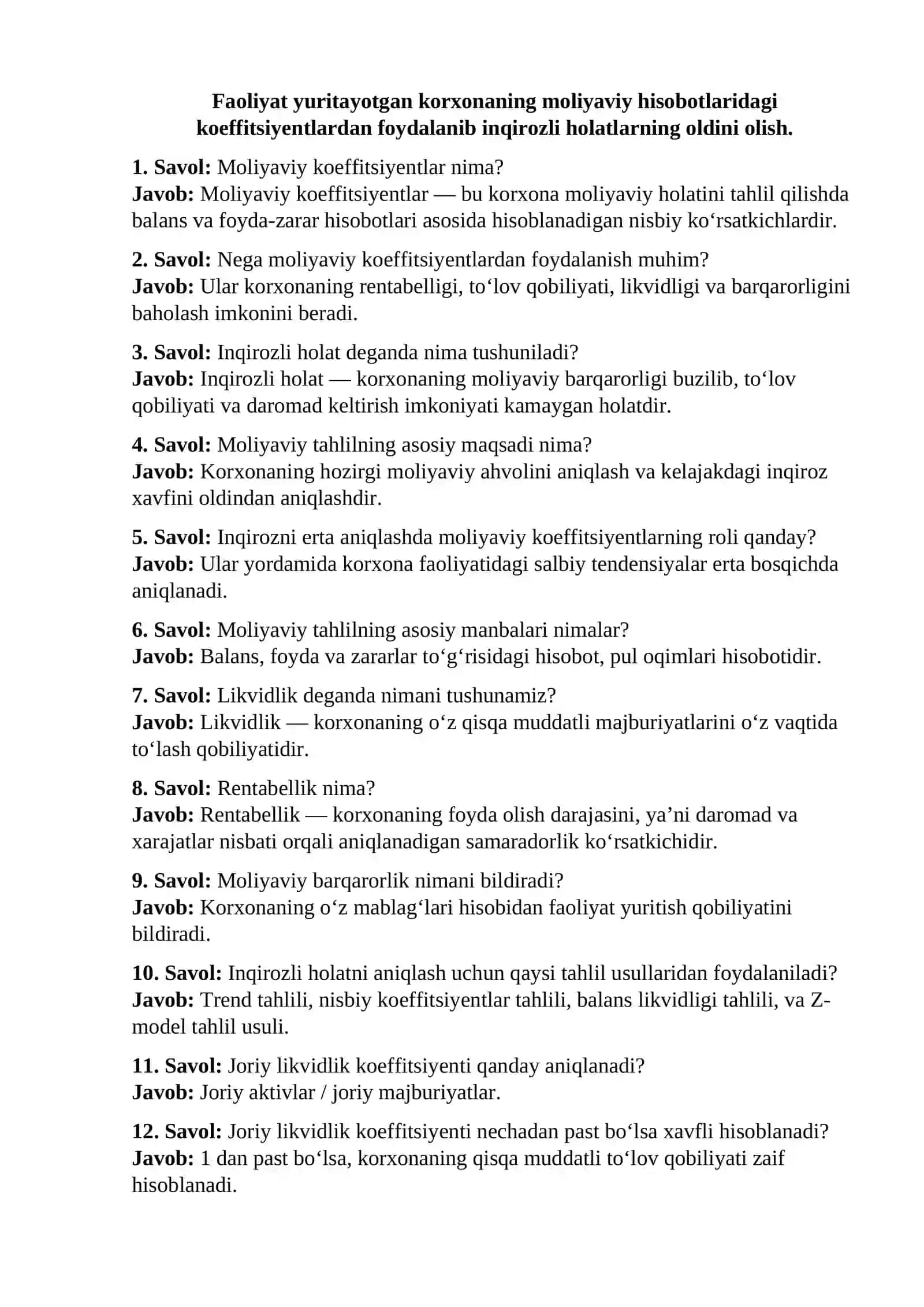 Moliyaviy koeffitsiyentlar va inqirozli holatlarning oldini olish 2