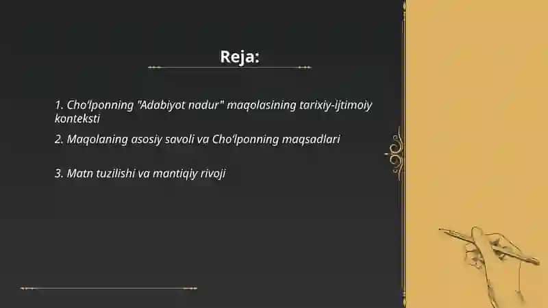 Choʻlponning Adabiyot nadur maqolasi tahlili 2