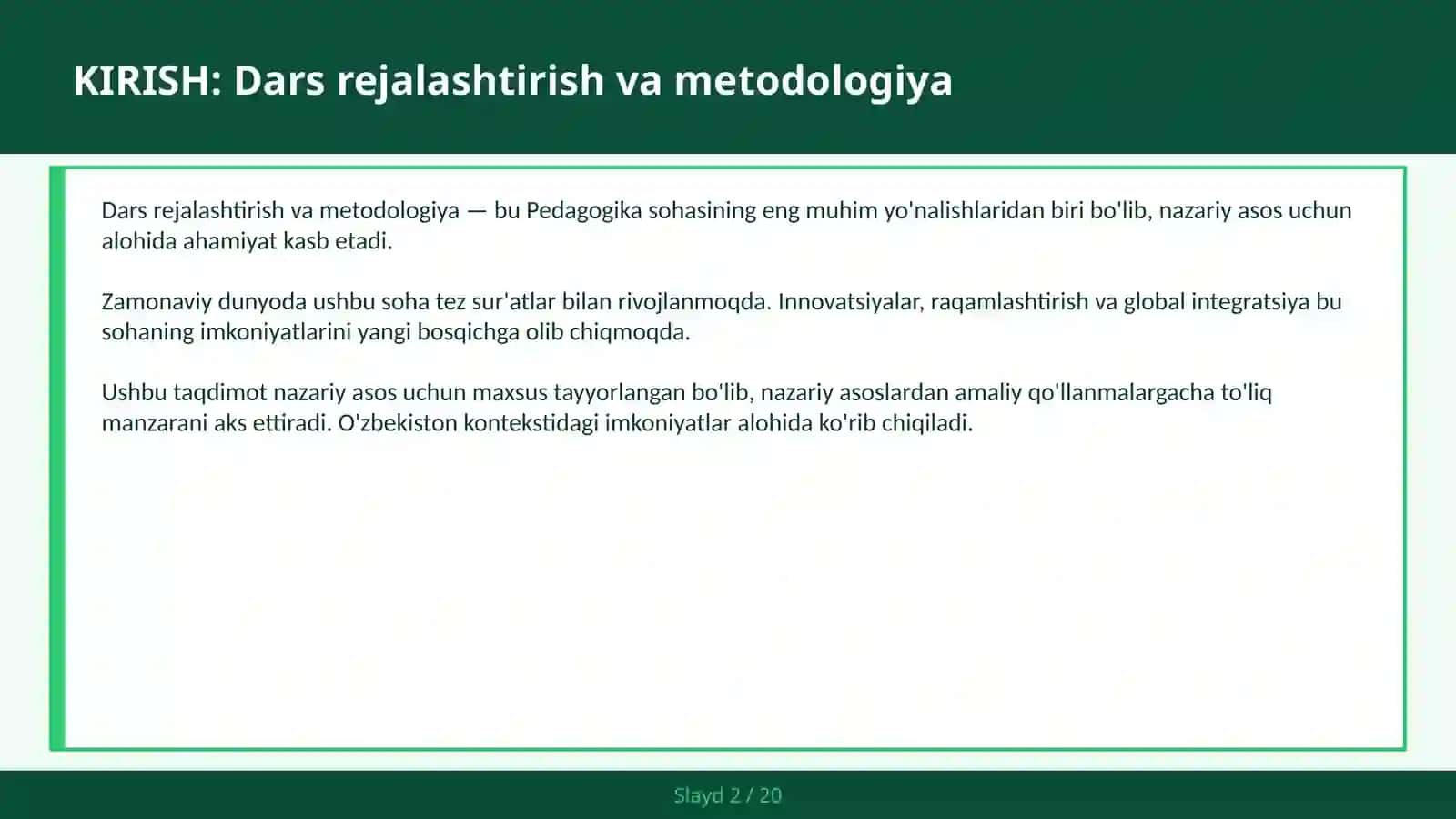 Dars Rejalashtirish va Metodologiya 2