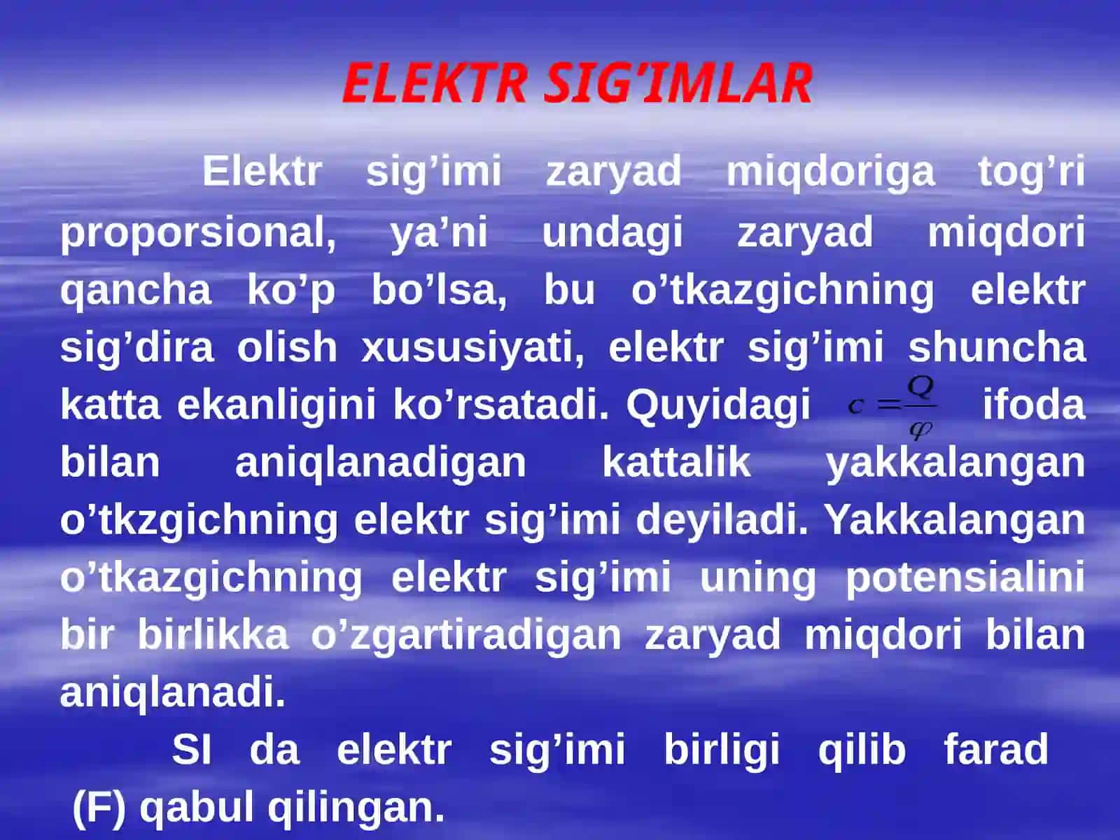 ELEKTR SIG’IMI. KONDENSATORLAR. KONDENSATORLARNI ULASH 3