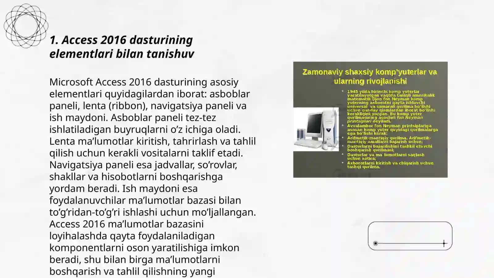 Access 2016 Ma'lumotlarini bazasini boshqarish tizimlaridan foydalanib, sohaga oid ma'lumotlar bazalarini tuzish va ulardan foydalanish 3