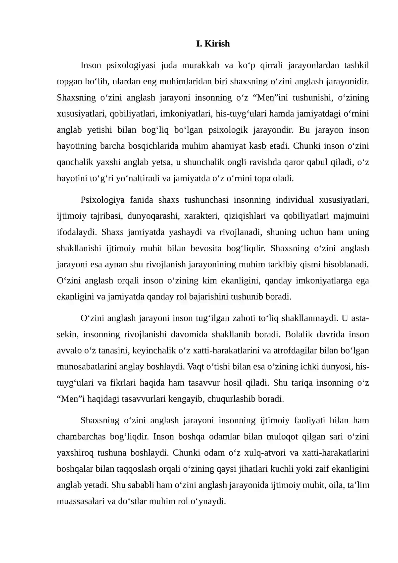 Shaxsning o’zini anglash jarayonlari kurs ishi 3