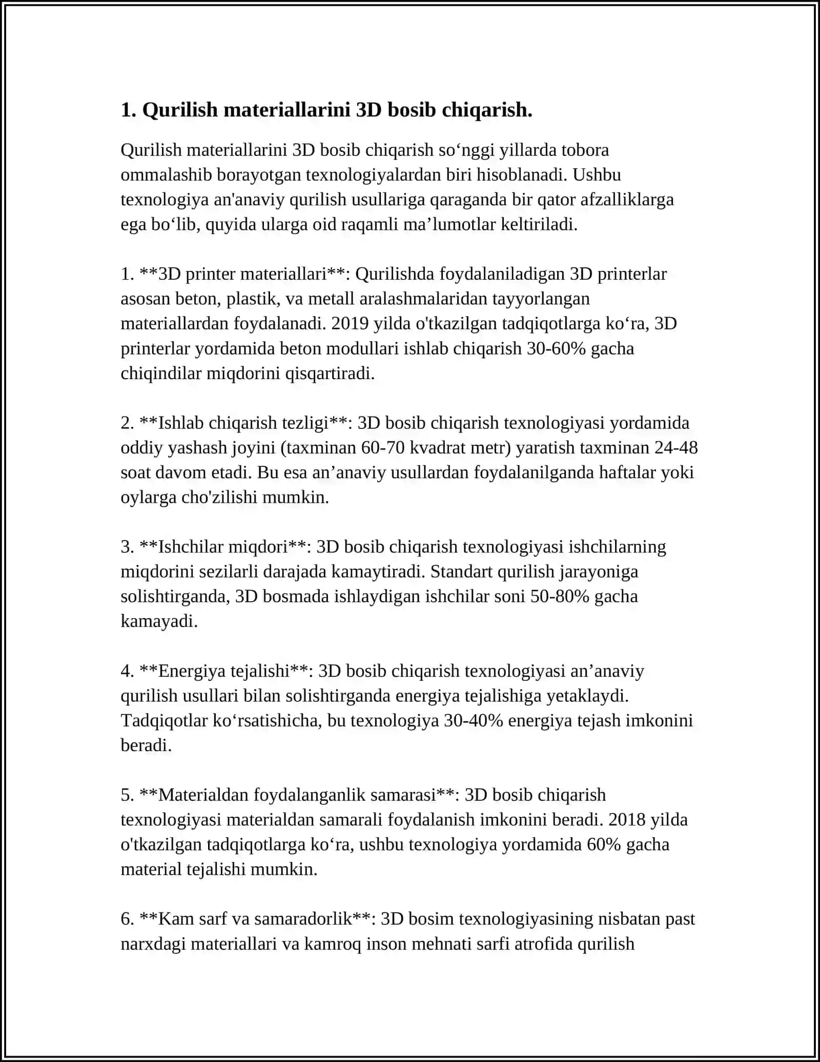 Qurilish materiallarini 3D bosib chiqarish 3