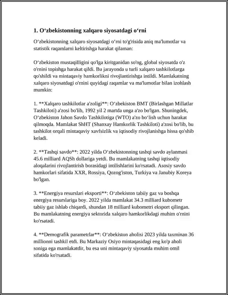 Oʻzbekiston va Jahon Hamjamiyati Referat 3