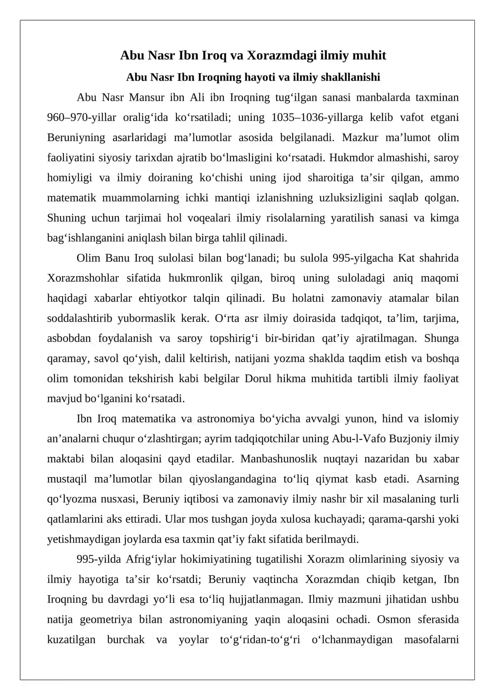 Abu Nasr Ibn Iroq (vaf. 1036)ning Dorul hikma va ma’orifdagi ilmiy faoliyati. 3