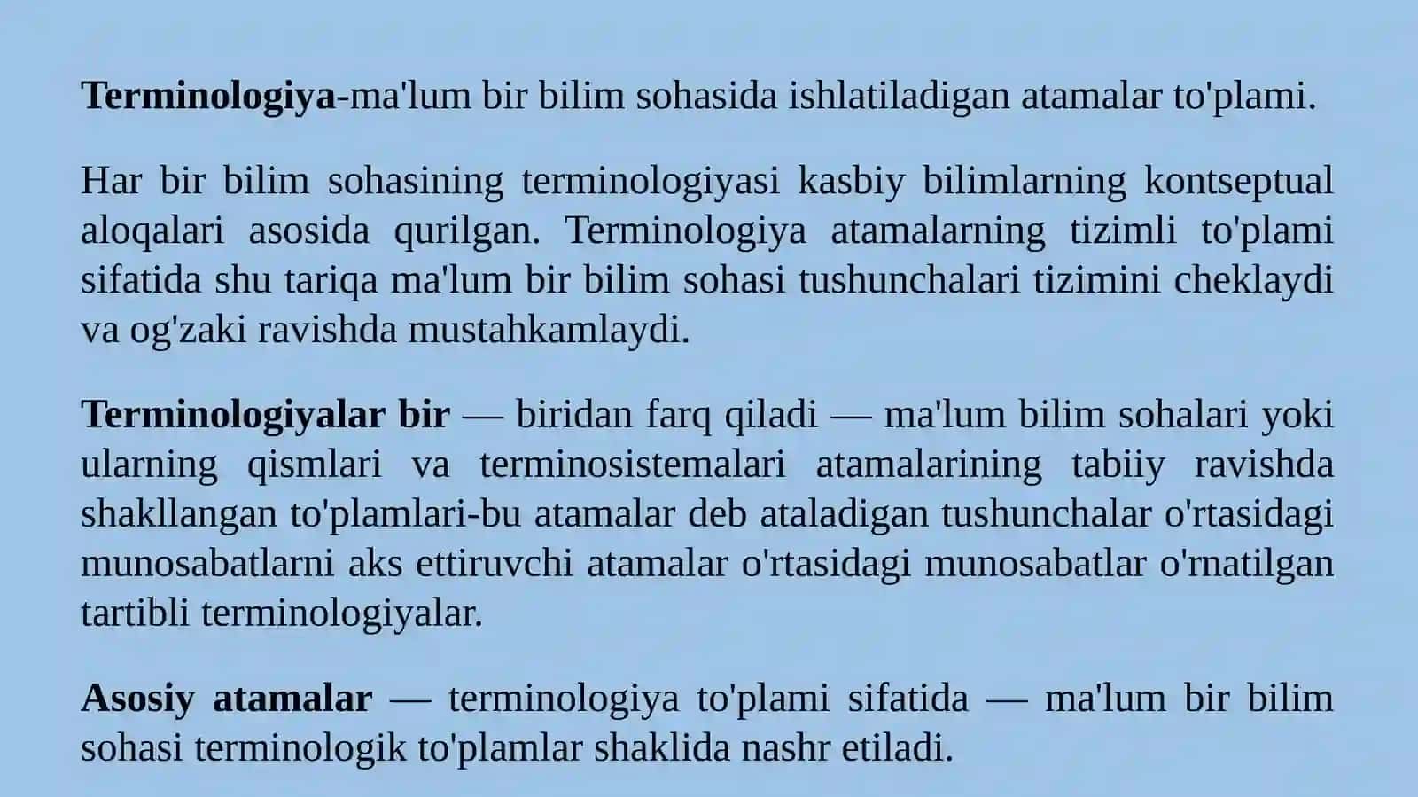 Til va terminologiya. Men tanlagan sohada oʻzbek tilining oʻrni. 3
