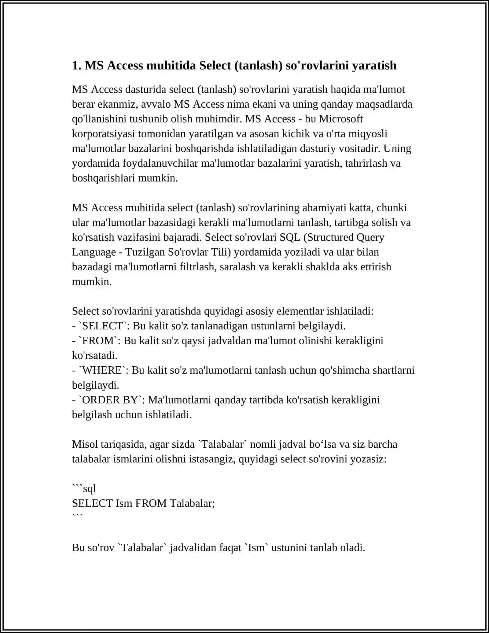 MS ACCESS MUHITIDA TURLI SO'ROVLAR YARATISH VA SQL SO'ROVLAR TILI 3