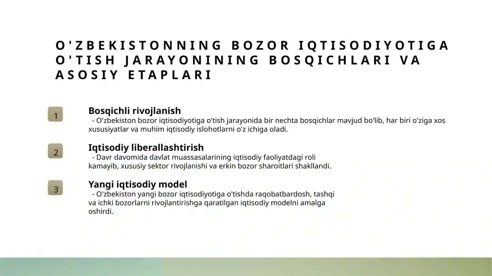 O'zbekistonning bozor iqtisodiyotiga o'tish jarayoni va asosiy bosqichlari 3
