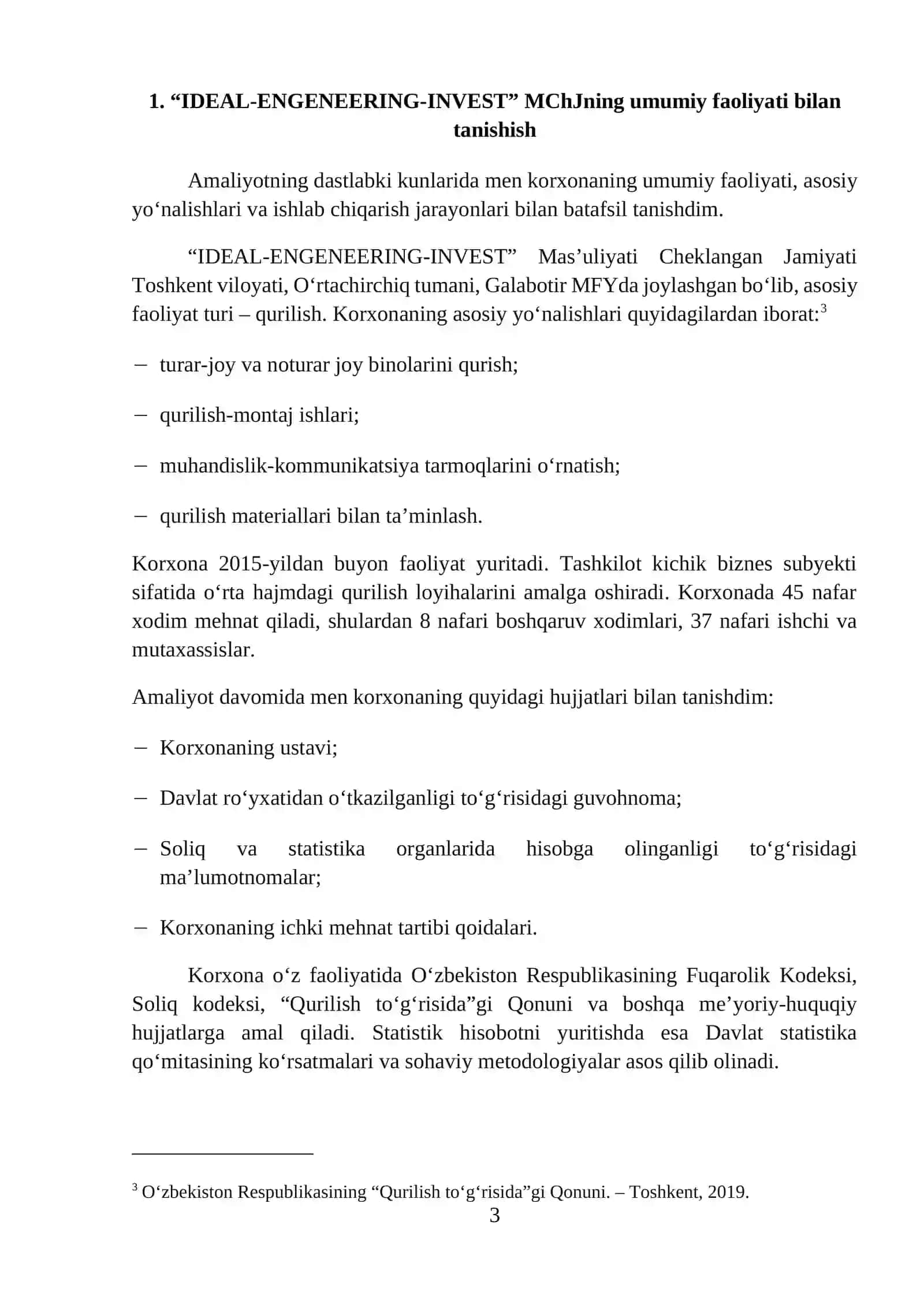 “IDEAL-ENGENEERING-INVEST” MChJ boʻyicha amaliyot hisoboti. 3
