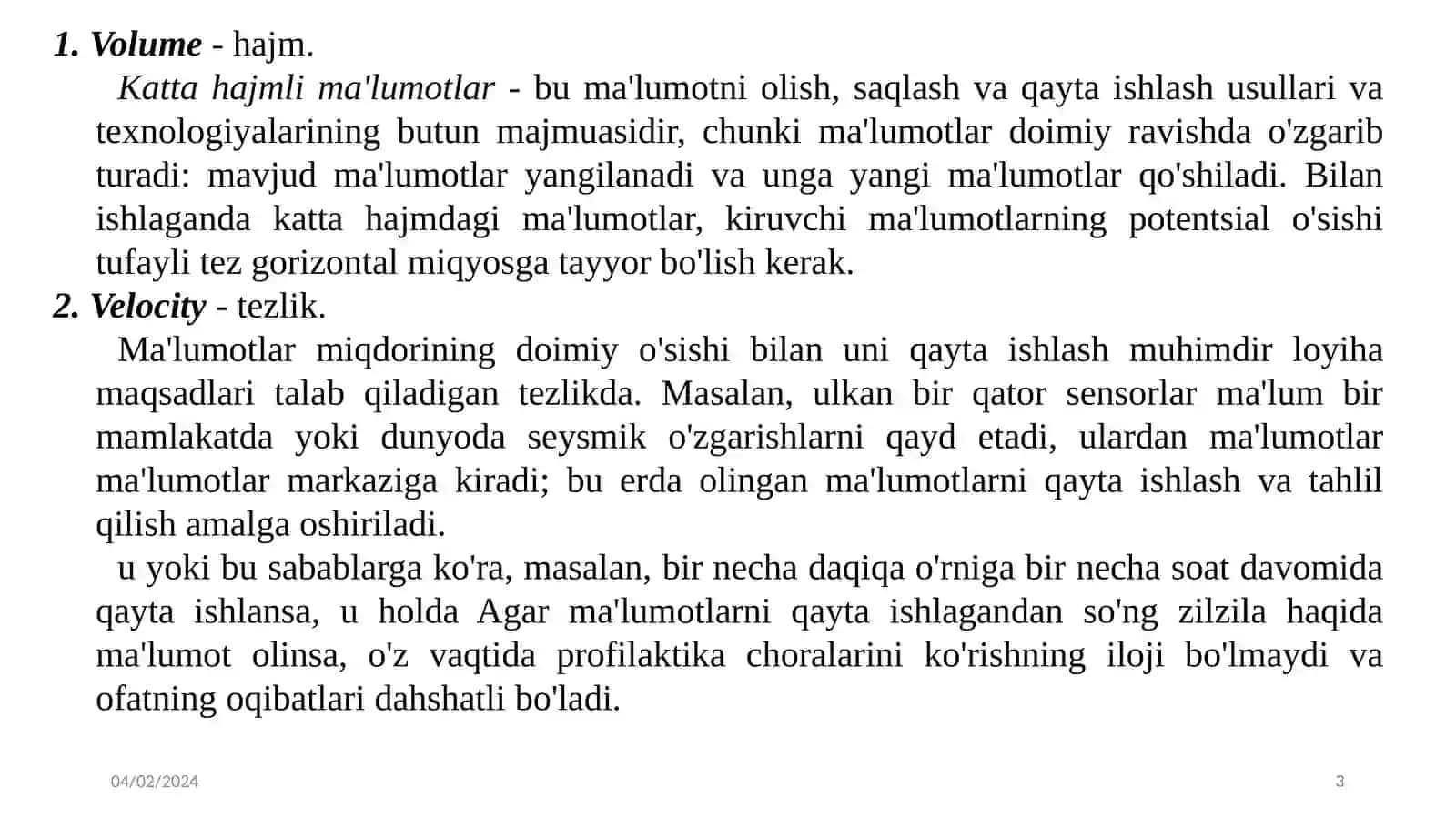 KATTA HAJMLI MA'LUMOTLARNI BOSHQARISH ASOSLARI 3