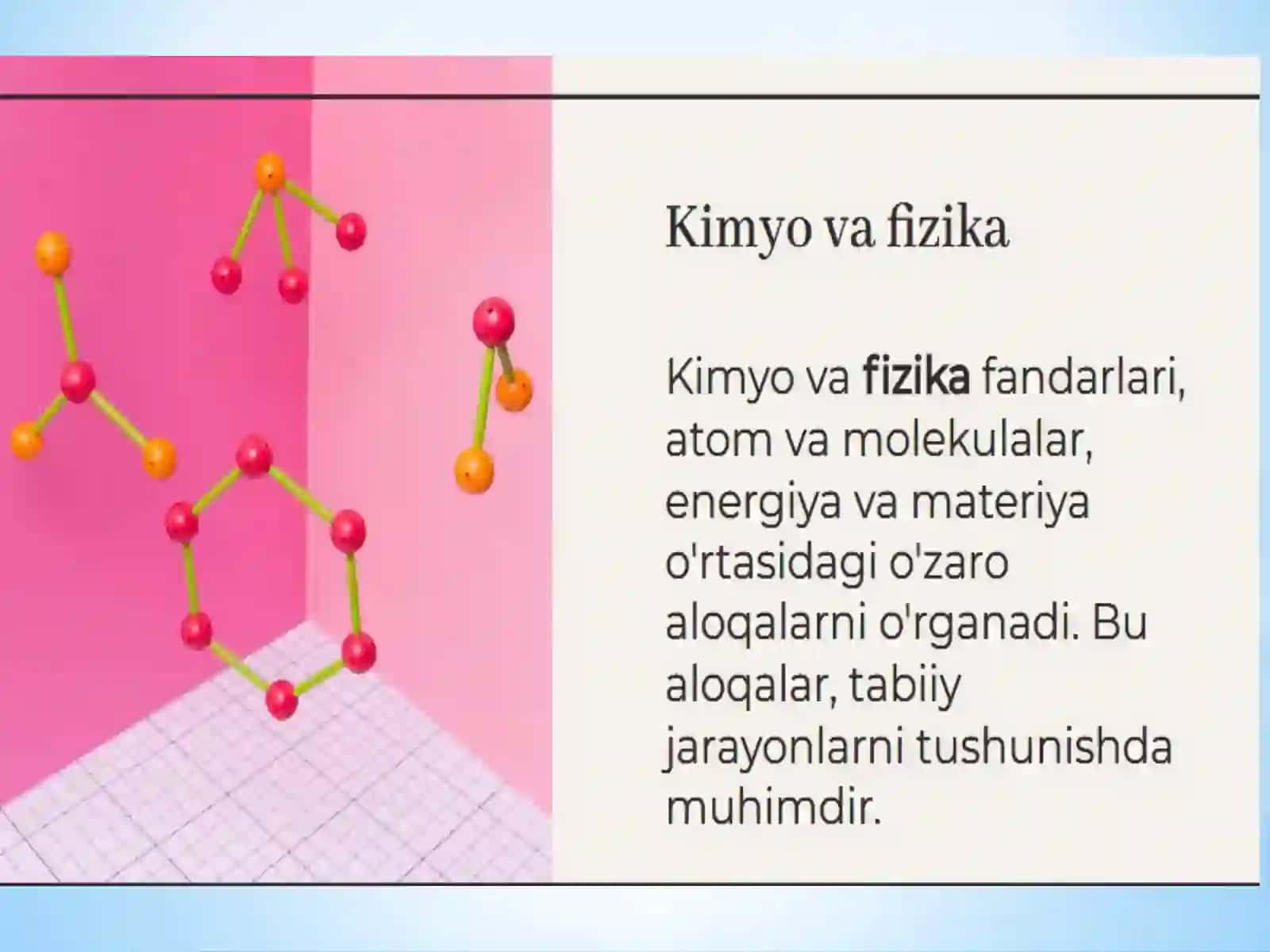 Kimyoning fizika, matematika, biologiya, geografiya bilan fanlararo bogliqligi.Taniqli kimyogar olimlarning ijodiy faoliyatini o'rganish 3