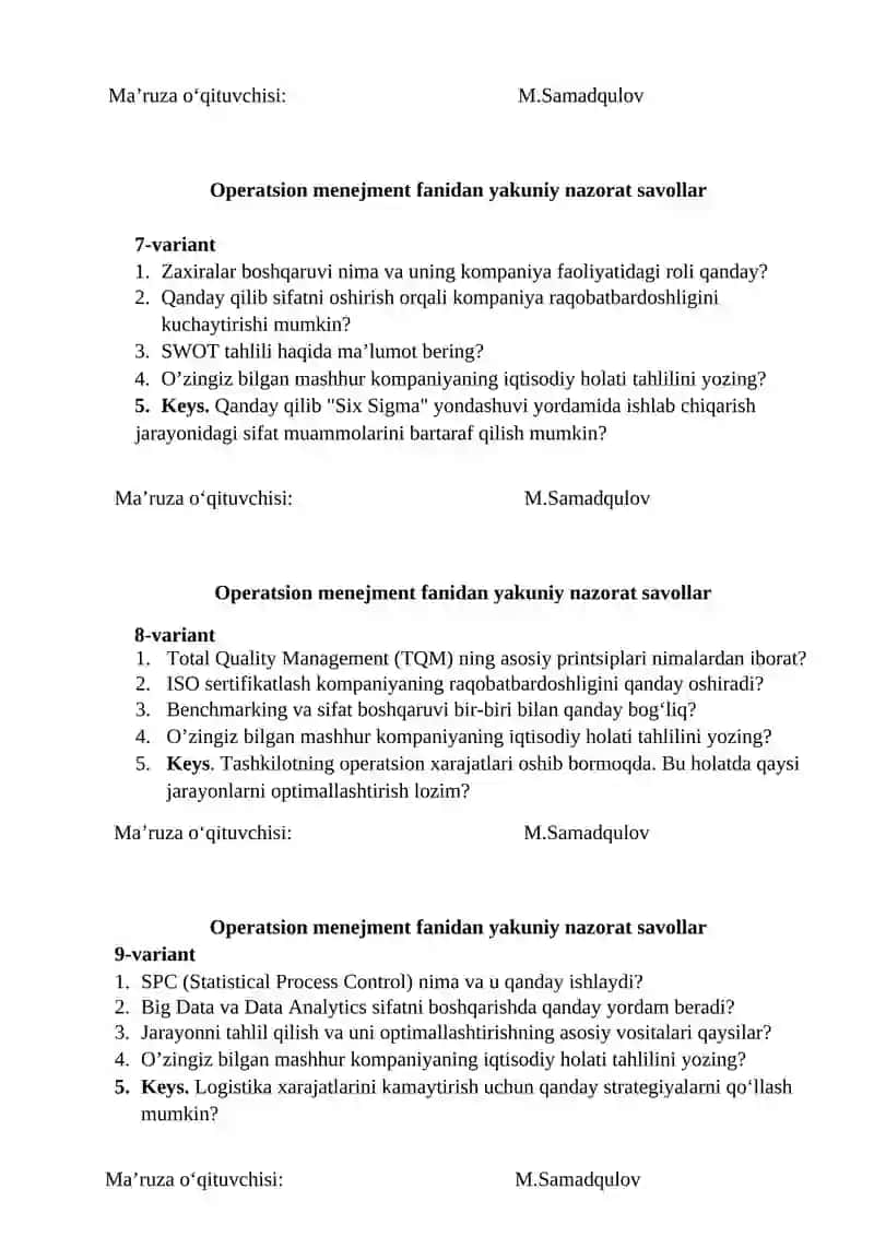 Operatsion menejment fanidan yakuniy nazorat savollar 3