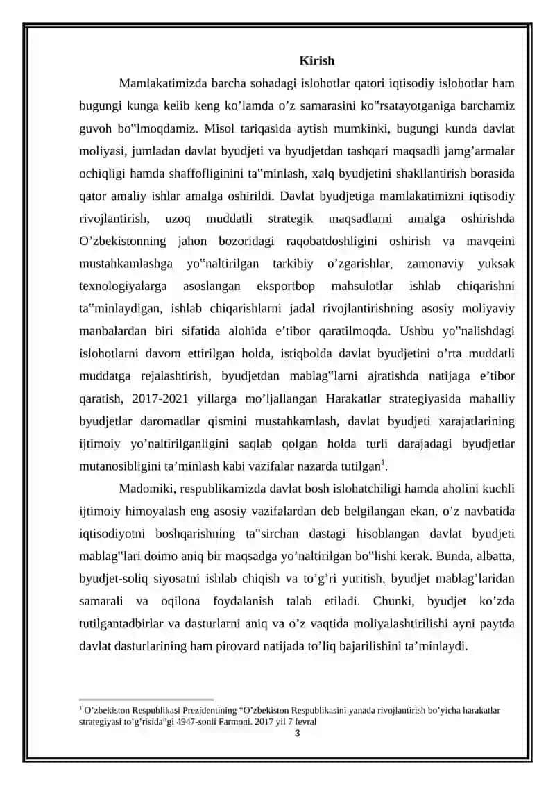 Davlat byudjeti va uning milliy daromadni taqsimlash va qayta taqsimlashdagi o’rni 3