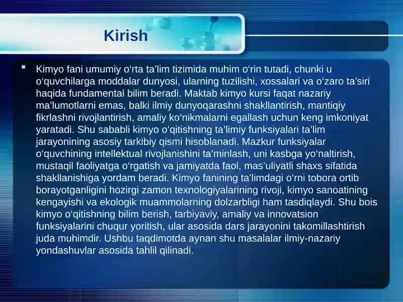 Kimyo o'qitishning ta'limiy funktsiyalari 3