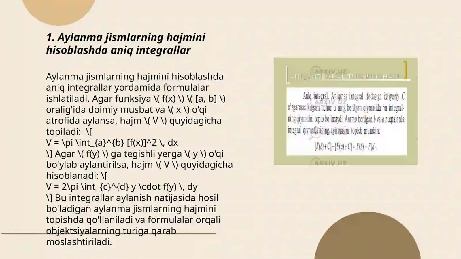 Aniq integral yordamida aylanma jism hajmi 3