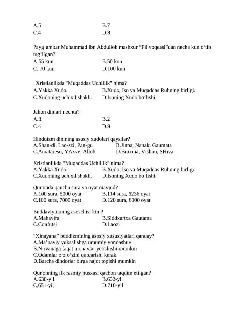 Dinshunoslik fanidan testlar 3