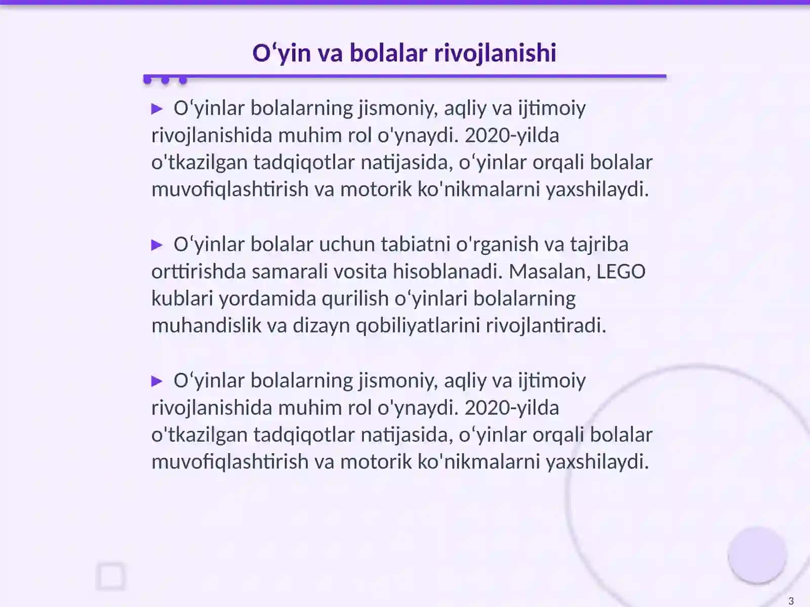 Oʻyining bolalar faoliyatidagi oʻrni 3