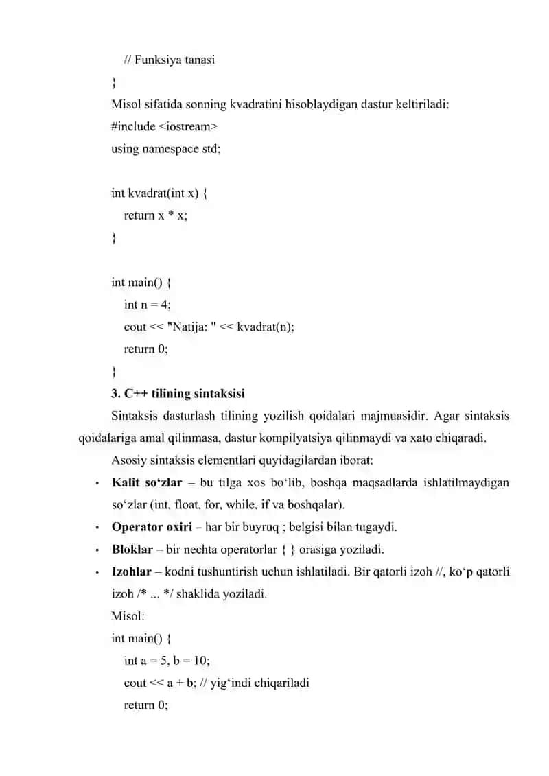 C++ TILI DASTURINING TUZILISHI VA SHAKLI. TIL SINTAKSISI. TIL SEMANTIKASI. HUJJATLASHGAN IDENTIFIKATORLAR. DASTURNI FORMATLASH 3