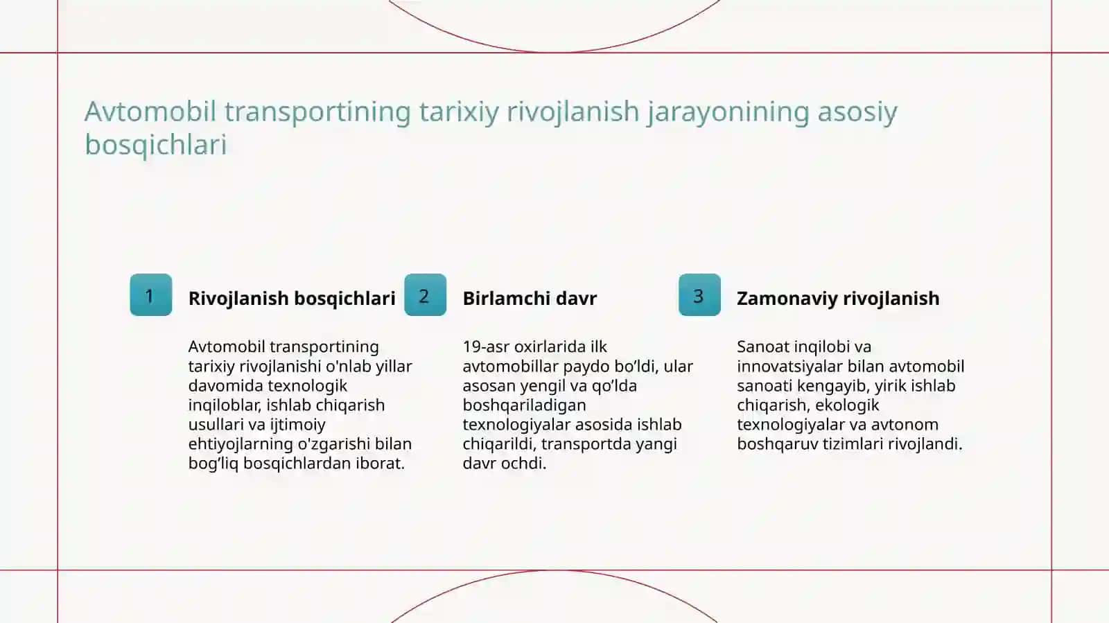 Avtomobil transporti rivojlanishining oʻziga xos xususiyatlari 3