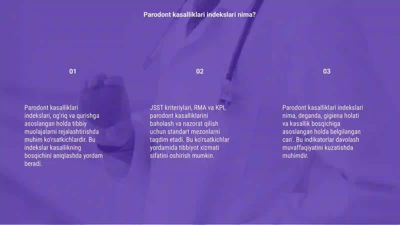 Parodont kasalliklari indekslari (ko'rsatkichlari). JSST kriteriylari (RMA, KPI) 3