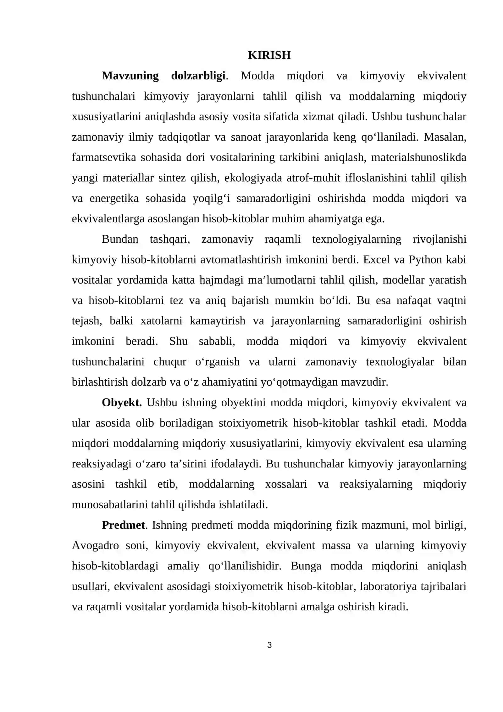 Modda miqdori - mol. Kimyoviy ekvivalent 3