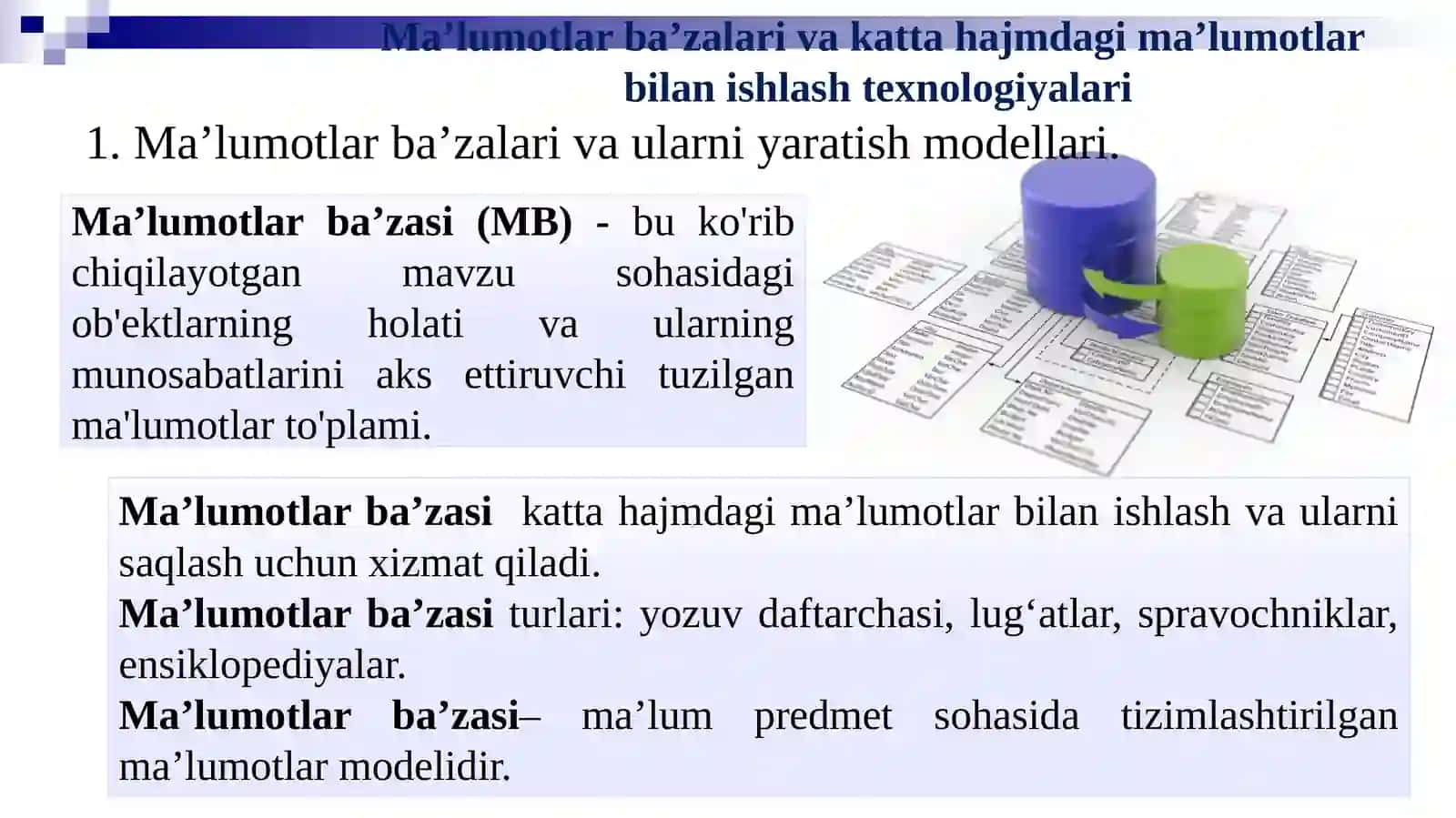 MA’LUMOTLAR BA’ZALARI VA BIG DATA BILAN ISHLASH TEXNOLOGIYALARI 3