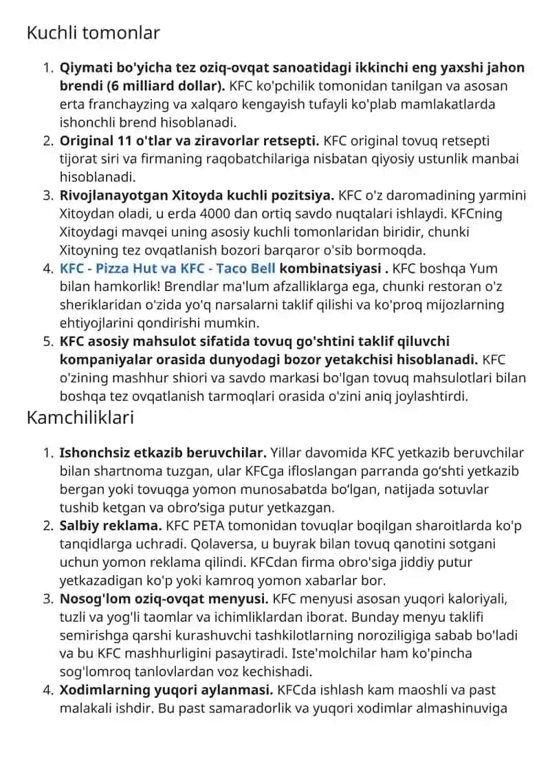 Kentukki Fried Chicken (KFC) SWOT tahlili 3