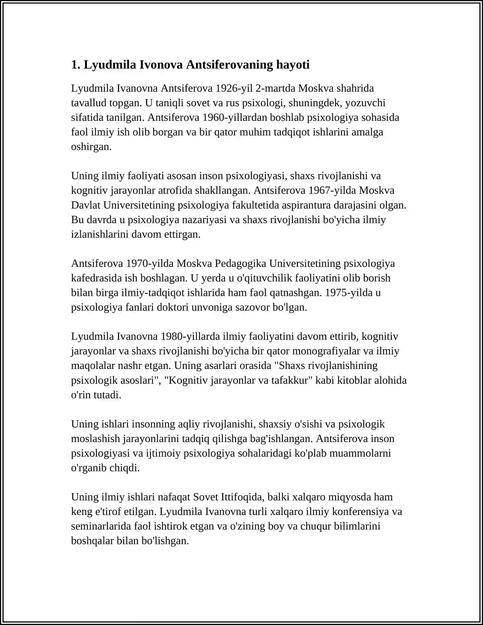 MUSTAQIL ISH Mavzu: LYUDMILA IVONOVA ANTSIFEROVA 3