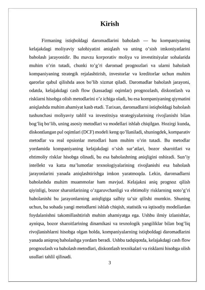 Firmaning istiqboldagi daromadlarini baholash 3