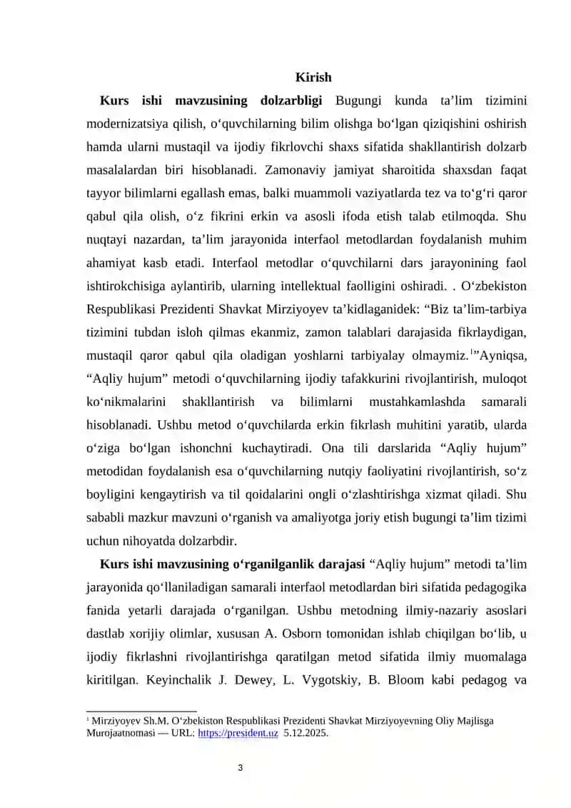 Dars jarayonida “Aqliy hujum” metodidan foydalanish. 3