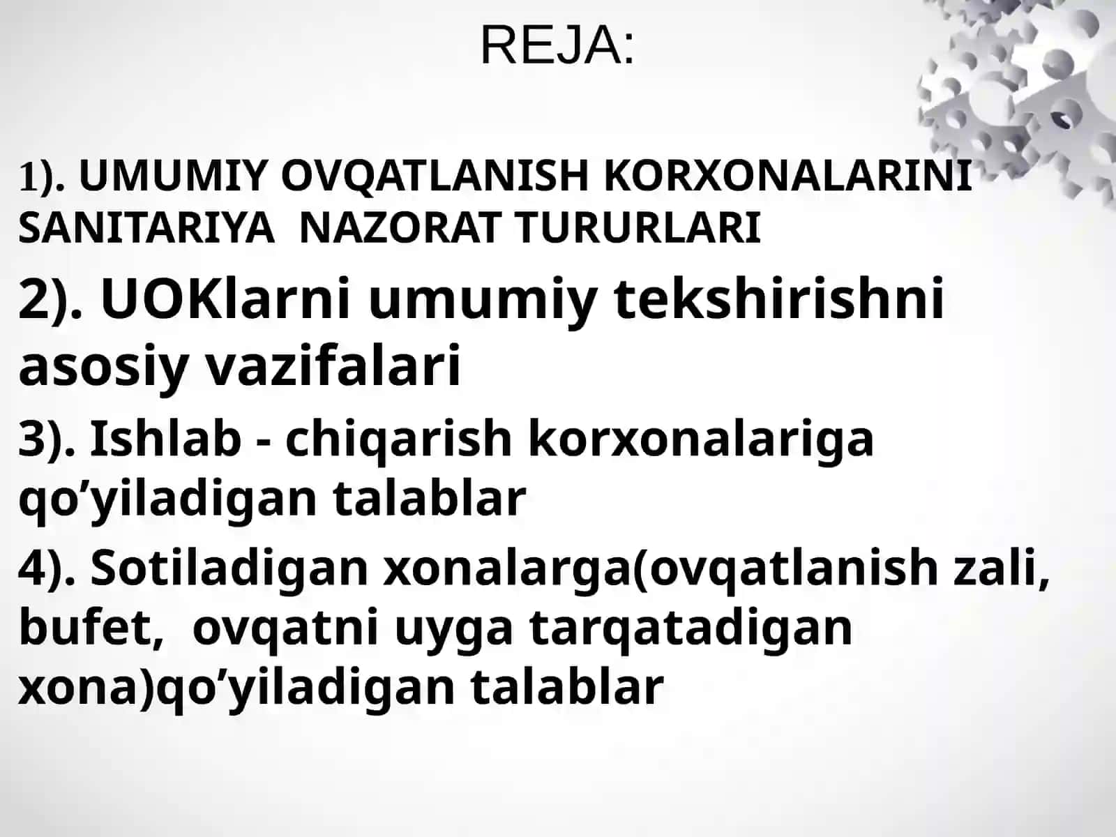 Umumiy Ovqatlanish korxonalariga gigiyenik talablar va Sanitar gigiyenik tekshirish 3