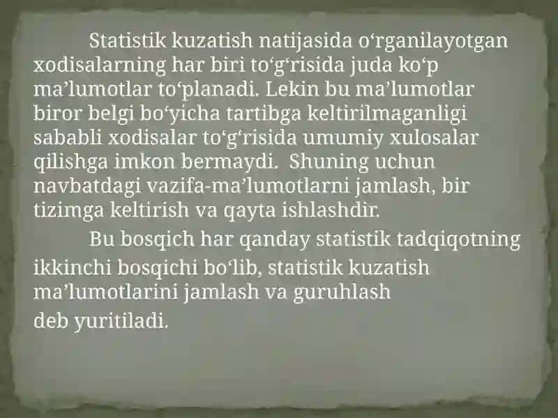 STATISTIK MA’LUMOTLARNI JAMLASH VAGURUHLASH 3