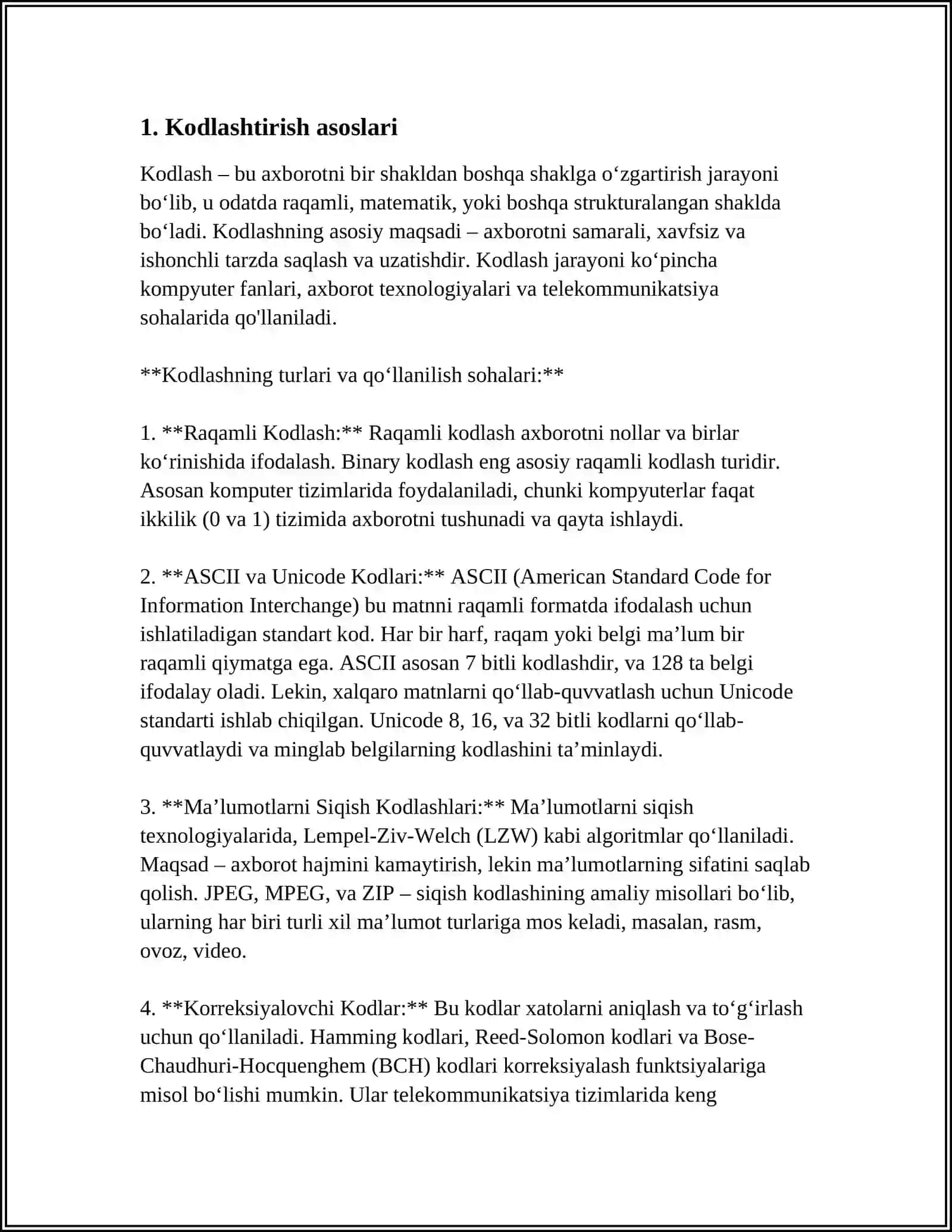 MUSTAQIL ISH Mavzu: KODLAR 3