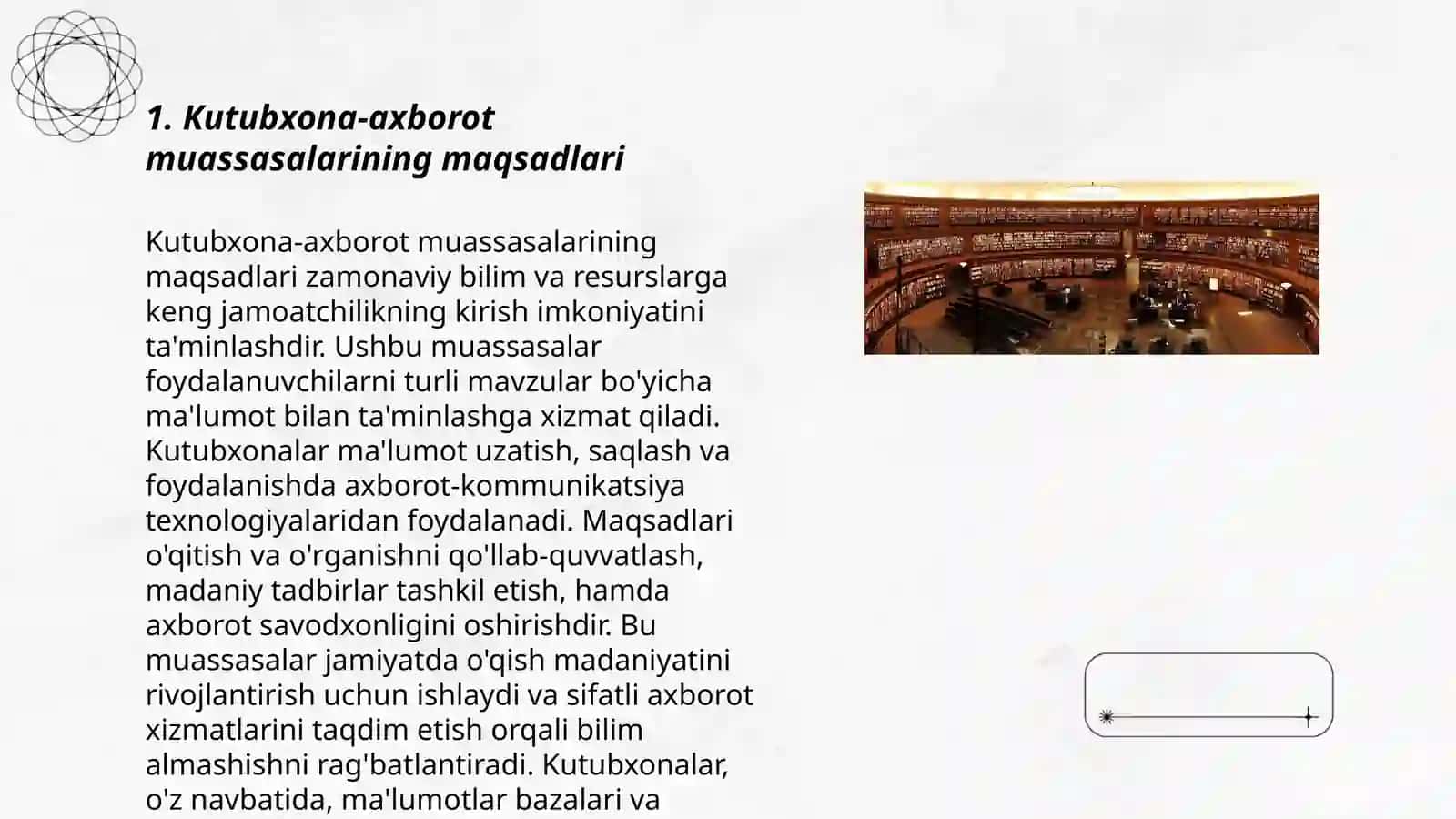 Kutubxona-axborot muassasalarida bibliografik faoliyatini boshqarish. Maqsadi, faoliyati va tamoyillari 3