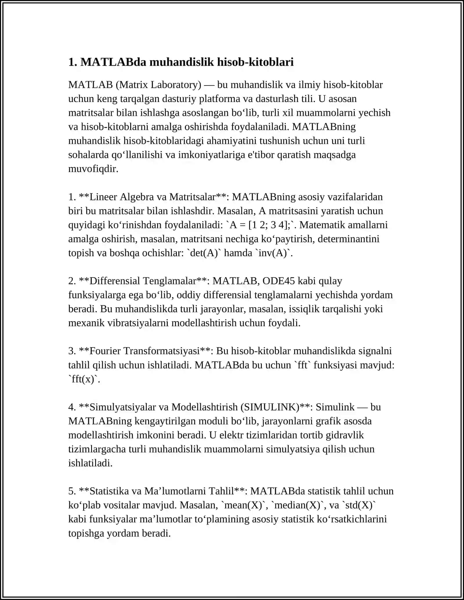 MATLAB DASTURINI TEXNIK SOHALARDA QO‘LLASH 3