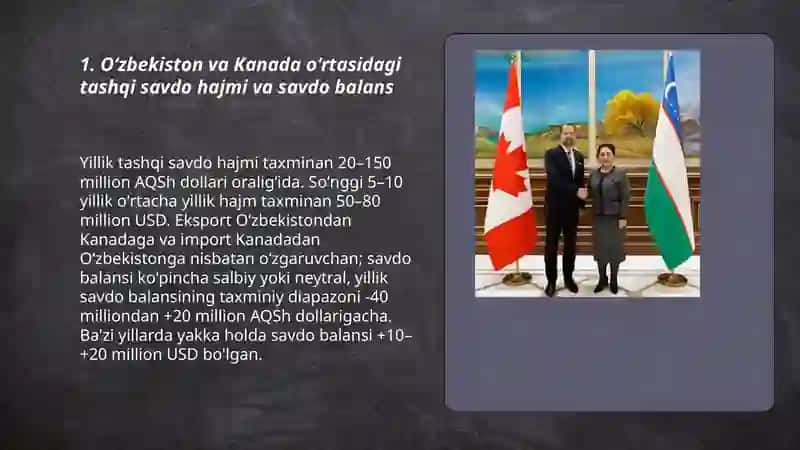 Oʻzbekiston va Kanada oʻrtasida iqtisodiy aloqalar 3