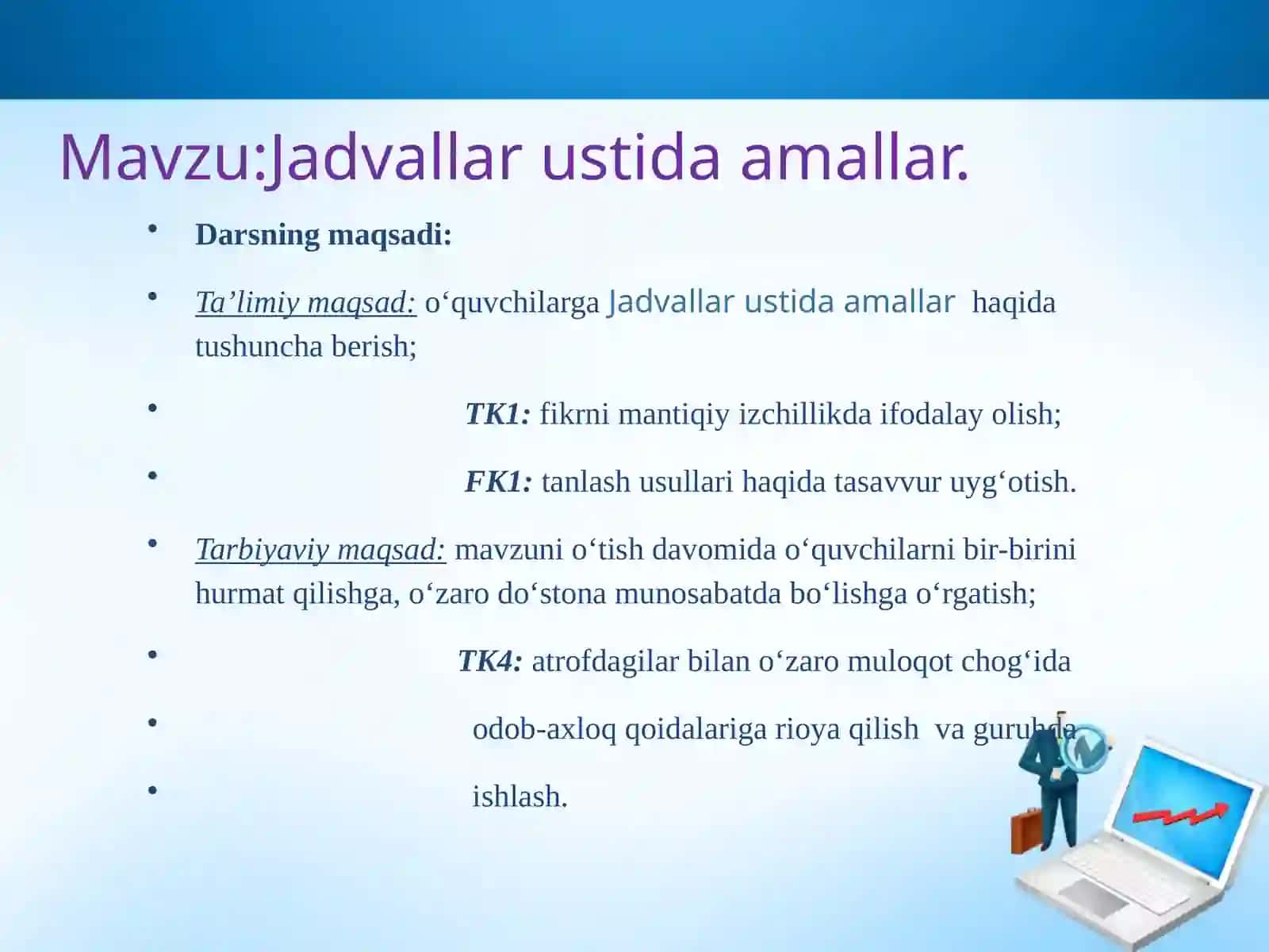 10-sinf Informatika fanidan MS Excelda jadvallar ustida amallar ochiq dars taqdimoti 3