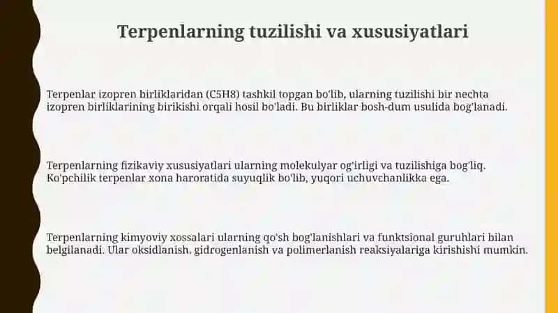 Terpenlar tuzilishi xossalari ahamiyati 3