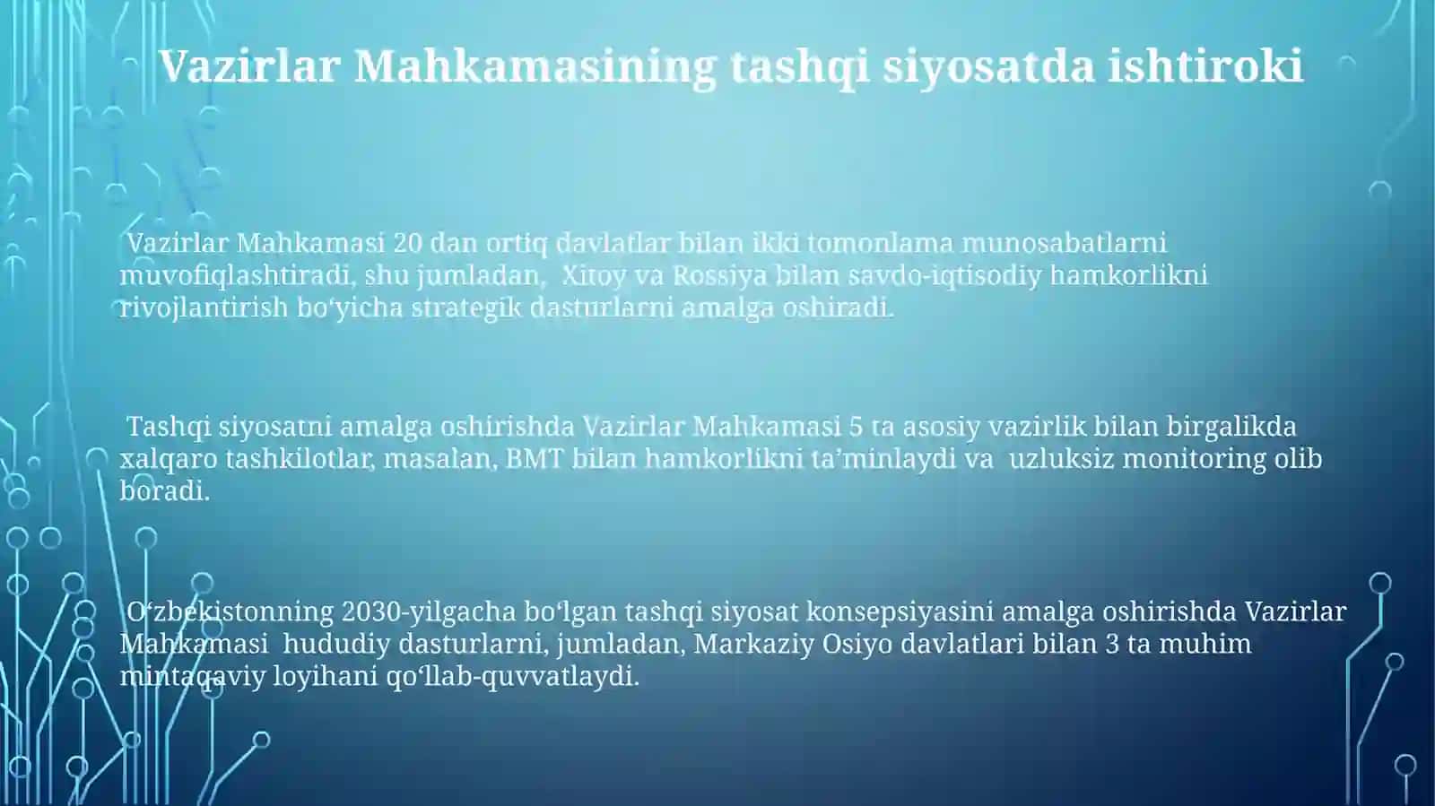 Oʻzbekiston Respublikasi Vazirlar Mahkamasining hokimiyat tizimidagi o'rni va asosiy vazifasi 3