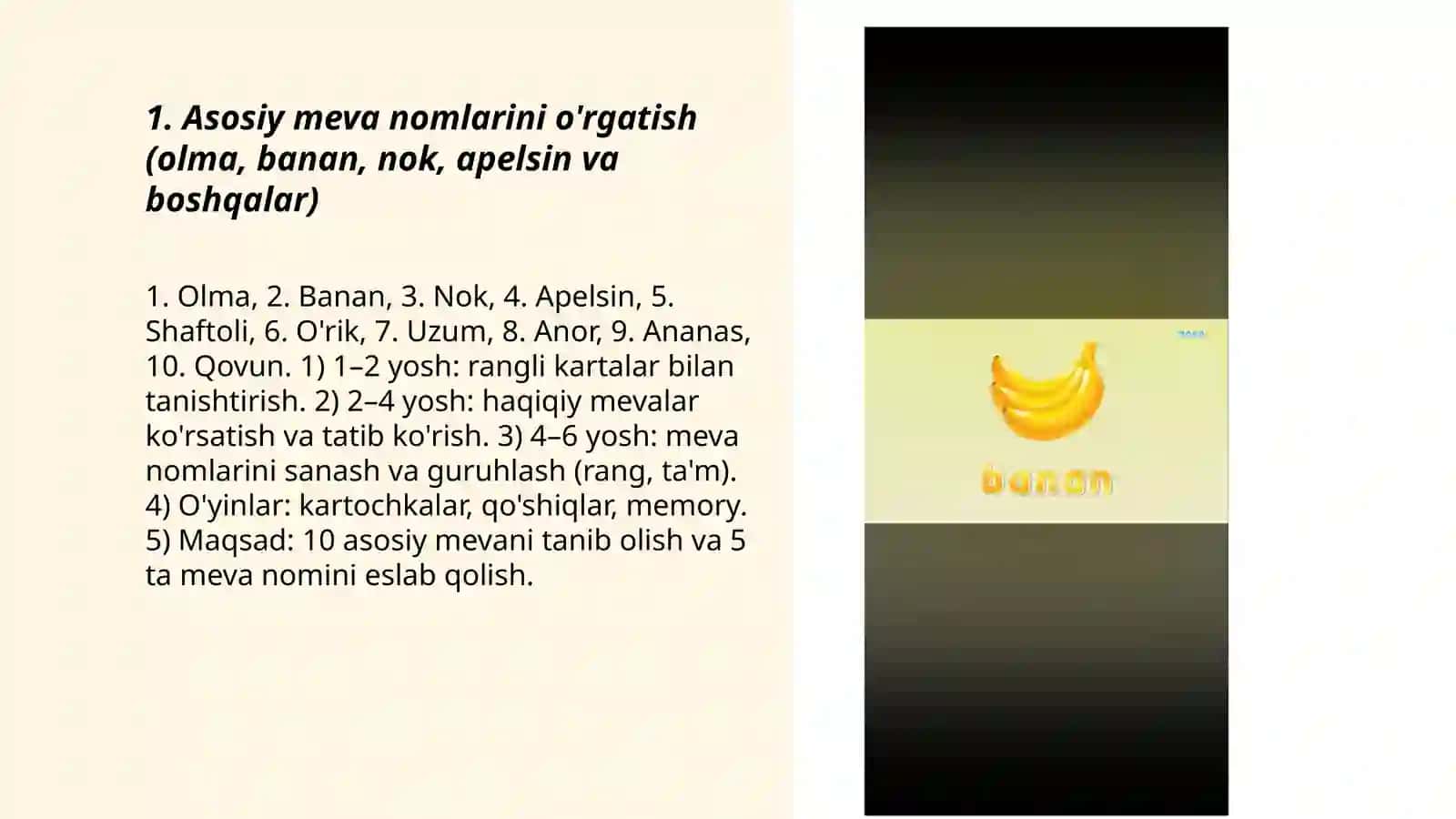 Bolalarga meva nomlarini o'rgatish 3