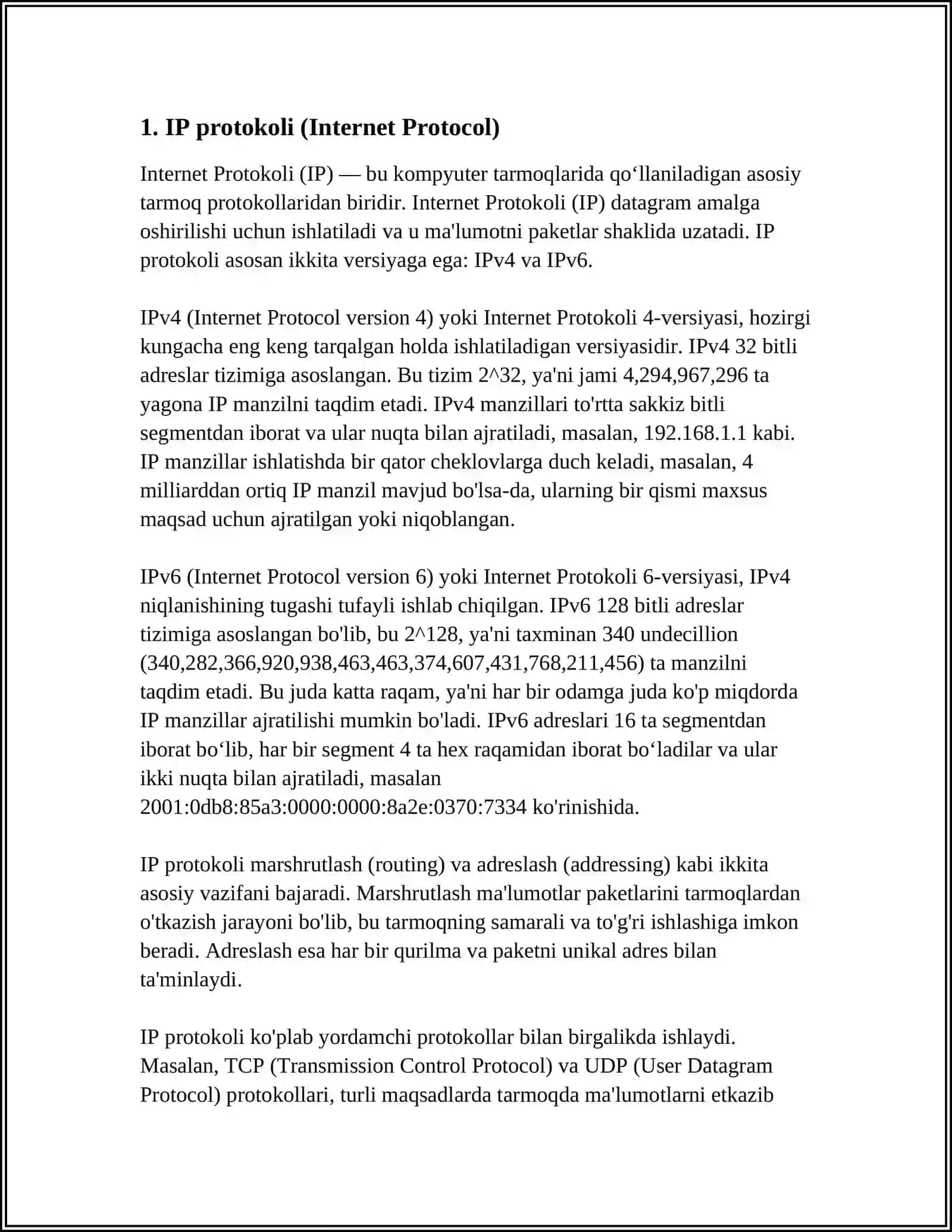 MUSTAQIL ISH Mavzu: 1. INTERNET PROTOKOLLARI 3