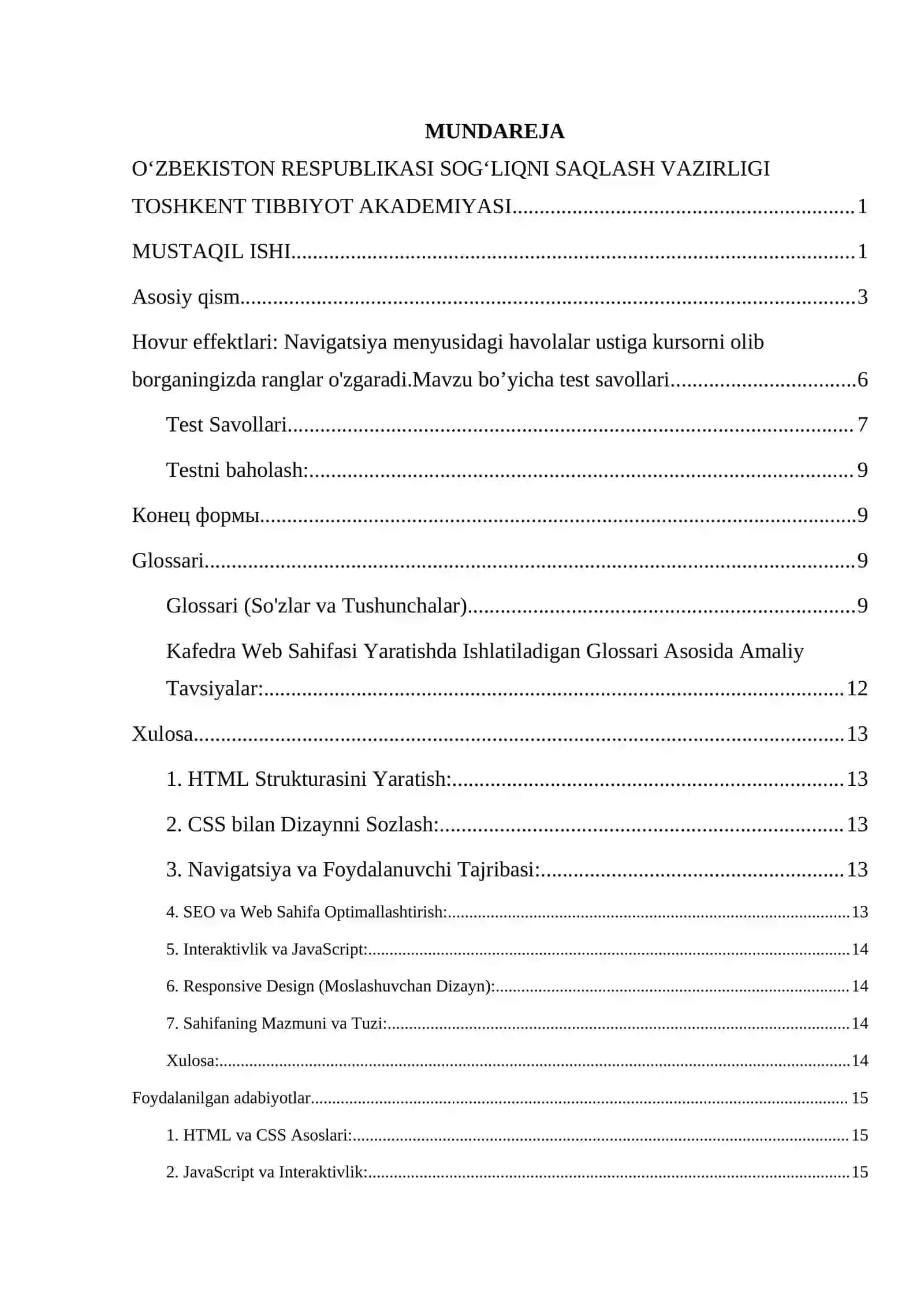 “Ta’limda axborot texnologiyalari” fanidan HTML tilida KAFEDRA web sahifasini yaratish glossari” mavzusidagi bajargan MUSTAQIL ISHI 3