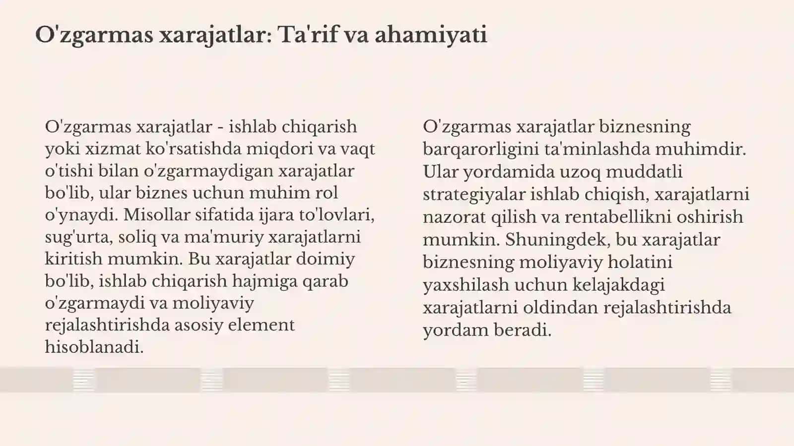 O'ZGARMAS, O'ZGARUVCHAN, O'RTACHA VA CHEKLI XARAJATLAR 3