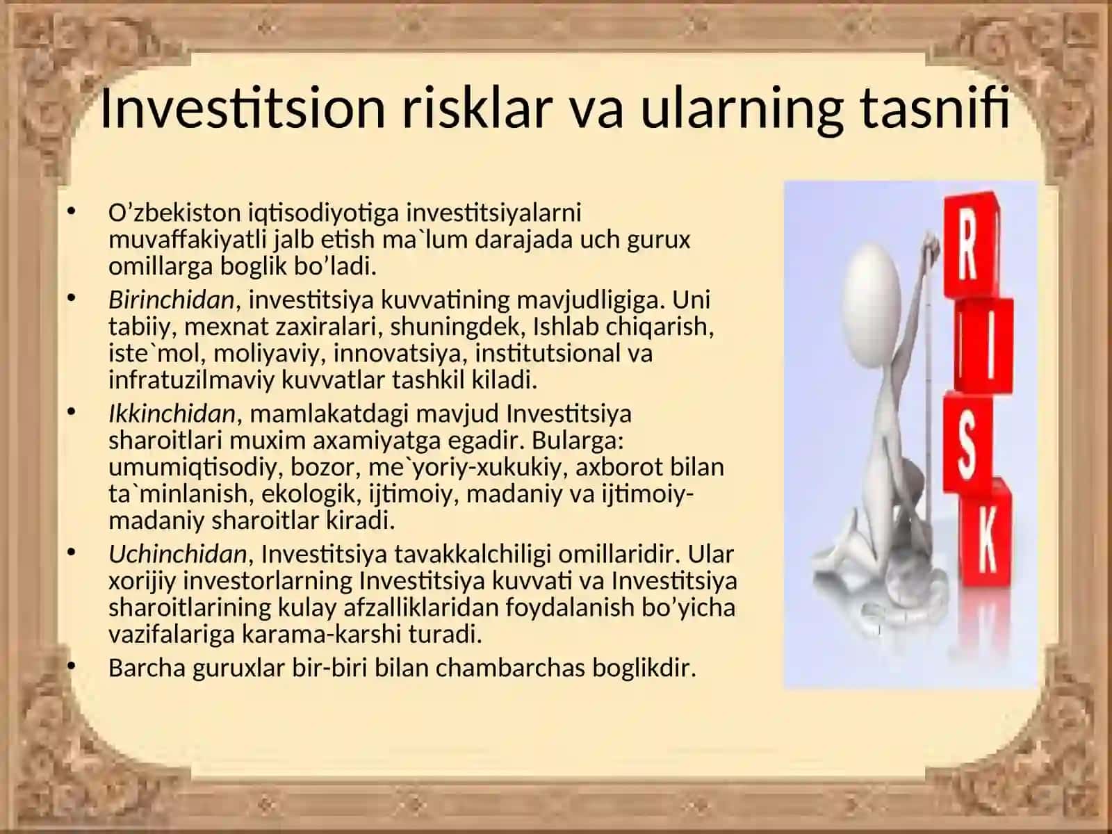 KICHIK BIZNESNI RIVOJLANTIRISHDA INVESTITSION LOYIHALAR. RISK TURLARI VA ULARNI BARTARAF ETISH YO`LLARI 3