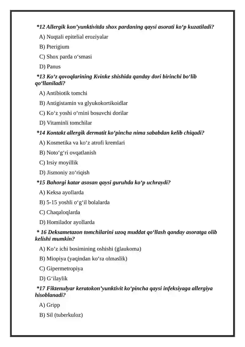 Koʻruv aʼzosining allergik kasalliklari boʻyicha test savollari 3