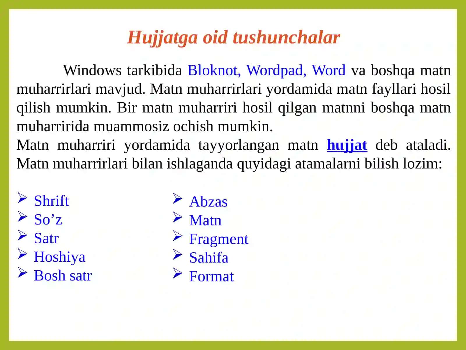 Word matn protsessorida hujjatlar bilan ishlash 3