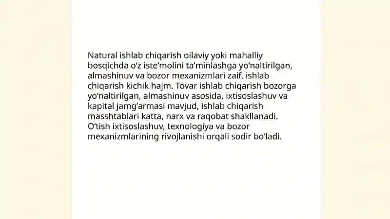 Natural ishlab chiqarishdan tovar ishlab chiqarishga oʻtish va uning rivojlanishi 3